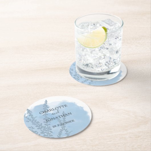 Celestial Blue Botanical Waterverf Wash Weddenscha Ronde Kartonnen Onderzetter (Insitu)