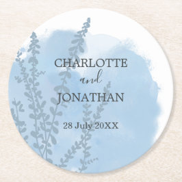 Celestial Blue Botanical Waterverf Wash Weddenscha Ronde Kartonnen Onderzetter