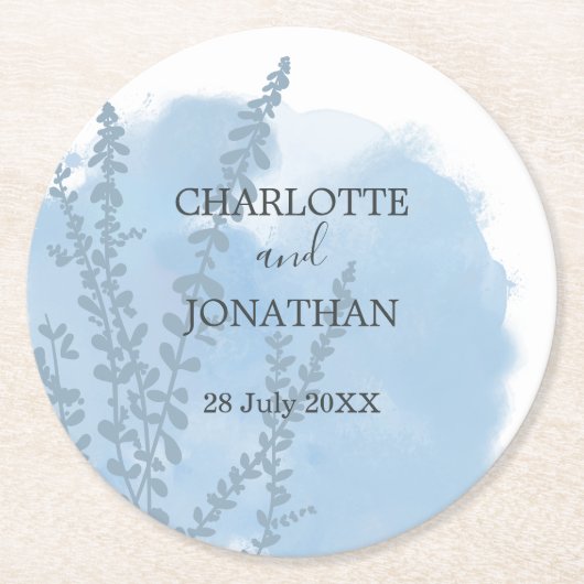 Celestial Blue Botanical Waterverf Wash Weddenscha Ronde Kartonnen Onderzetter (Voorkant)