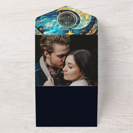 Celestial Blue Bruiloft All In One Uitnodiging (Buitenkant)