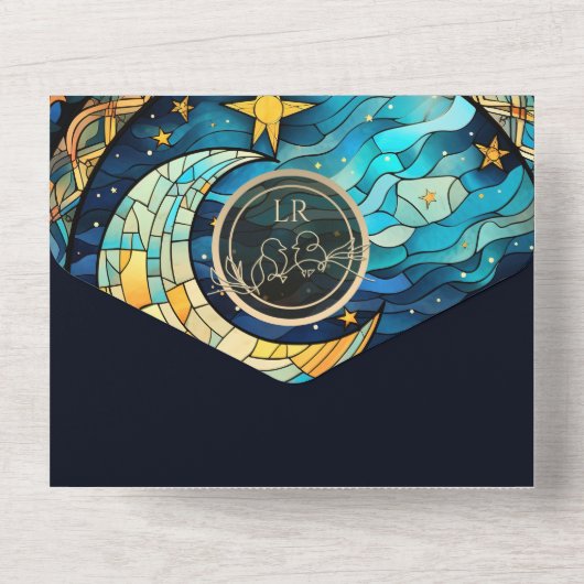 Celestial Blue Bruiloft All In One Uitnodiging (Achterkant)