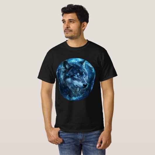 Celestial Blue-Eyed Wolf Wall Art T-shirt (Voorkant volledig)