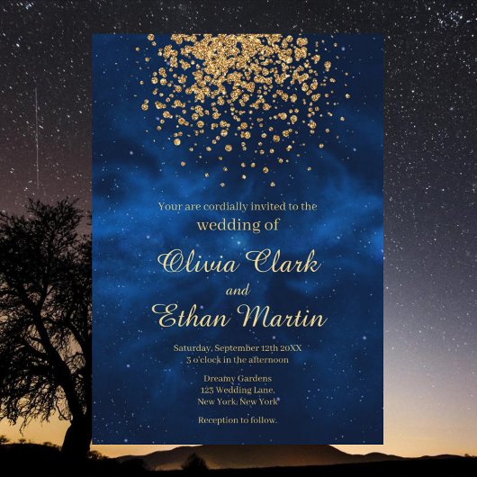 Celestial Blue Galaxy Gold Confetti Wedding Kaart