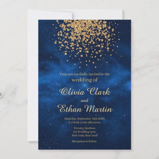 Celestial Blue Galaxy Gold Confetti Wedding Kaart (Voorkant)