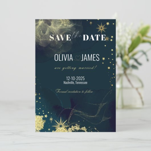 Celestial Blue Galaxy Save the Date Wedding Kaart (Staand voorkant)