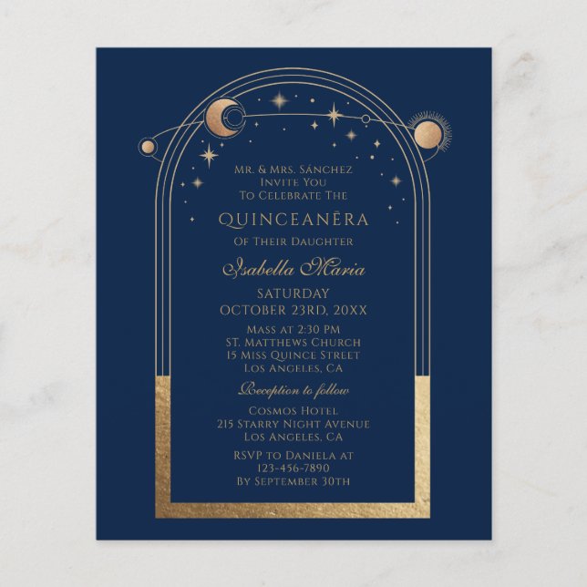 Celestial Blue Gold QR Code Quinceañera (Voorkant)