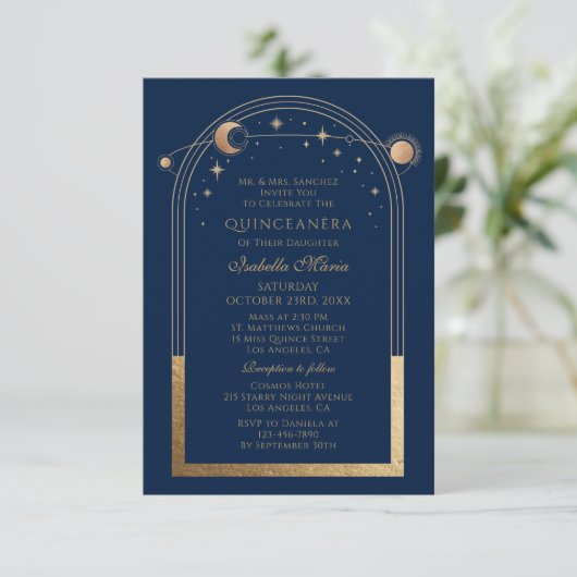 Celestial Blue Gold QR Code Quinceañera Kaart (Staand voorkant)