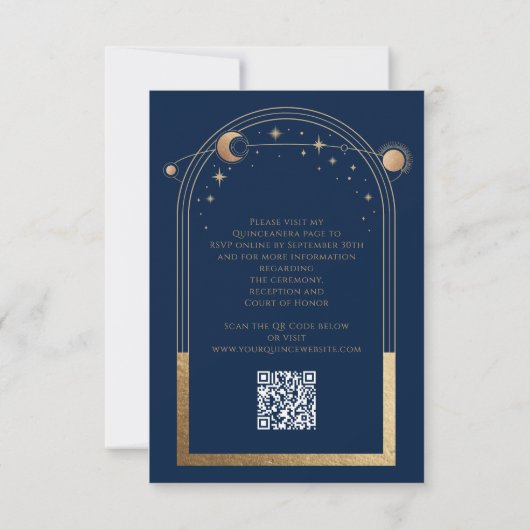 Celestial Blue Gold QR Code Quinceañera Kaart (Achterkant)