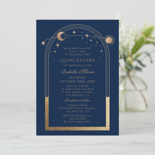 Celestial Blue Gold QR Code Quinceañera Kaart (Staand voorkant)