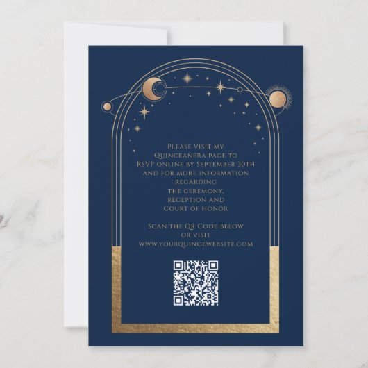 Celestial Blue Gold QR Code Quinceañera Kaart (Achterkant)