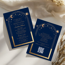 Celestial Blue Gold QR Code Quinceañera Kaart