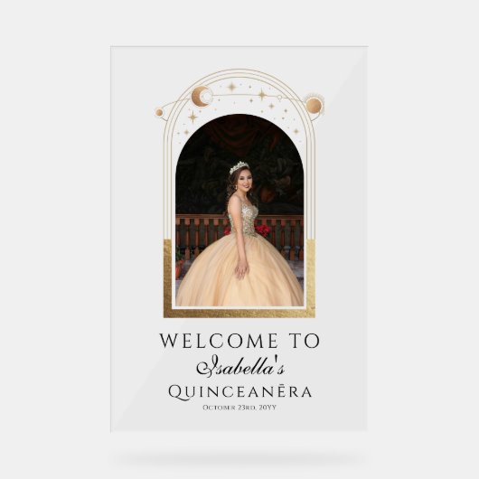 Celestial Blue Gold Quinceañera Verjaardag Welkom Acryl Bord (Voorkant)