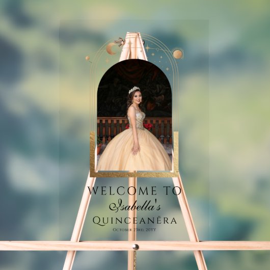 Celestial Blue Gold Quinceañera Verjaardag Welkom Acryl Bord (Neutraal)