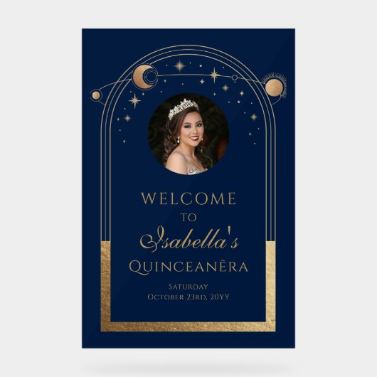 Celestial Blue Gold Quinceañera Verjaardag Welkom Acryl Bord (Voorkant)