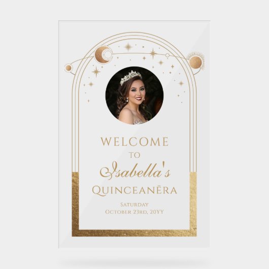 Celestial Blue Gold Quinceañera Verjaardag Welkom Acryl Bord (Voorkant)