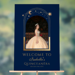 Celestial Blue Gold Quinceañera Verjaardag Welkom Acryl Bord