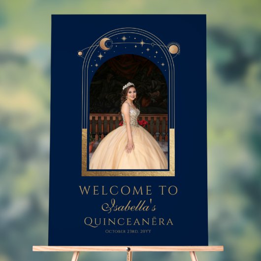 Celestial Blue Gold Quinceañera Verjaardag Welkom Acryl Bord (Neutraal)