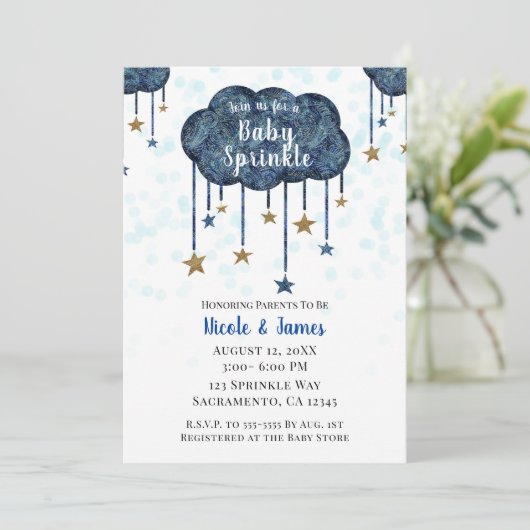 Celestial Blue Gold Stars Baby Sprinkle Shower Inv Kaart (Staand voorkant)