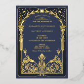 Celestial Blue Gold Storybook Victoriaans bruiloft Folie Uitnodiging (Voorkant)
