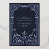 Celestial Blue Gold Storybook Victoriaans bruiloft Folie Uitnodiging (Achterkant)