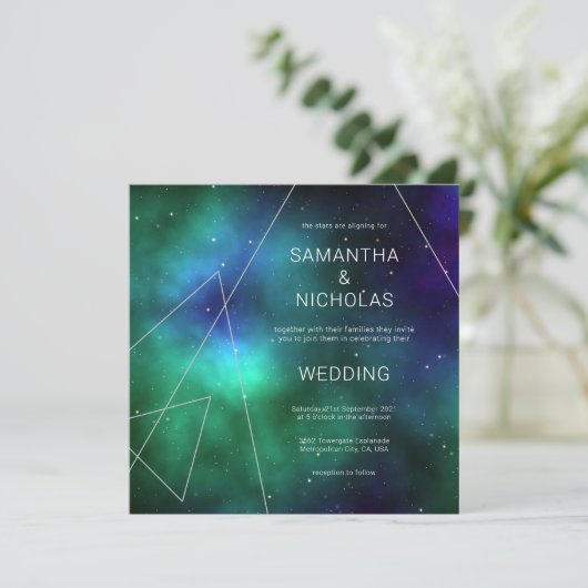 Celestial Blue Green Cosmic Abstract Cool Wedding Kaart (Staand voorkant)