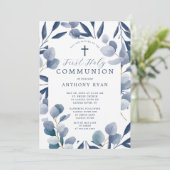 Celestial Blue Leaf Boys Communie Uitnodiging (Staand voorkant)