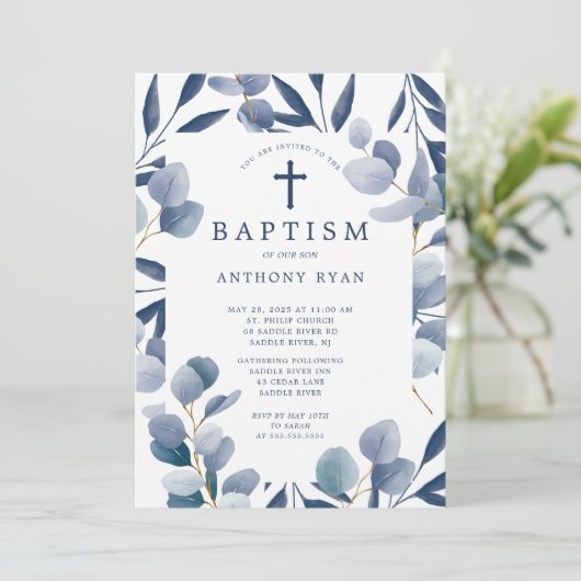 Celestial Blue Leaf Boys Dopen Uitnodiging (Staand voorkant)