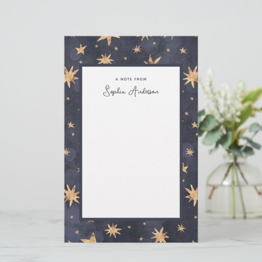 Celestial Blue met Faux Gold Stars Briefpapier (Staand voorkant)