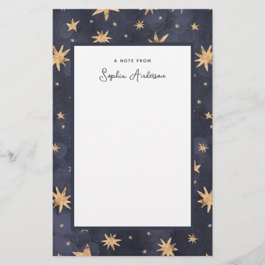 Celestial Blue met Faux Gold Stars Briefpapier (Voorkant)
