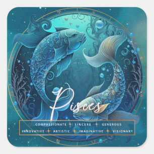 Celestial Blue Paarse Vissen Fantasy Zodiac Vierkante Sticker