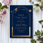 Celestial Blue Save The Date Verjaardag Quinceaner<br><div class="desc">Celestial Blue Save The Date Birthday Quinceanera Invitation is voorzien van een gouden zon,  maan en sterren lijst op een blauwe achtergrond. Binnenin is uw aangepaste Quinceanera opslaan van de datum informatie. Personaliseer door de tekst in de tekstvakken te bewerken. Ontworpen voor u door ©2024 Evco Studio www.zazzle.com/store/evcostudio</div>