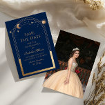 Celestial Blue Save The Date Verjaardag Quinceaner<br><div class="desc">Celestial Blue Save The Date Birthday Quinceanera Invitation is voorzien van een gouden zon, maan en sterren lijst op een blauwe achtergrond. Binnenin is uw aangepaste Quinceanera opslaan van de datum informatie en op de keerzijde voeg uw favoriete foto. Personaliseer door de tekst in de tekstvakken te bewerken. Ontworpen voor...</div>