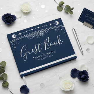 Celestial Blue Silver Sun Moon Stars Wedding Gastenboek