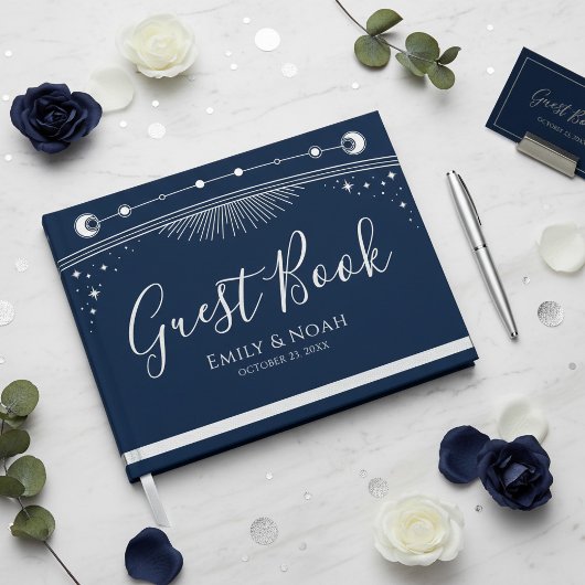 Celestial Blue Silver Sun Moon Stars Wedding  Gastenboek