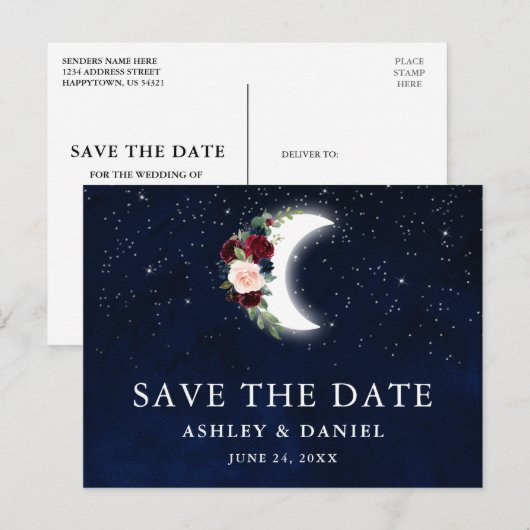Celestial Blue Sky Floral Moon Save The Date Briefkaart (Voorkant / Achterkant)