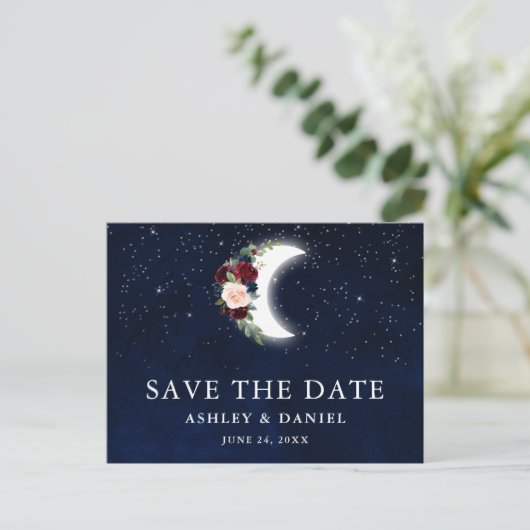 Celestial Blue Sky Floral Moon Save The Date Briefkaart (Staand voorkant)