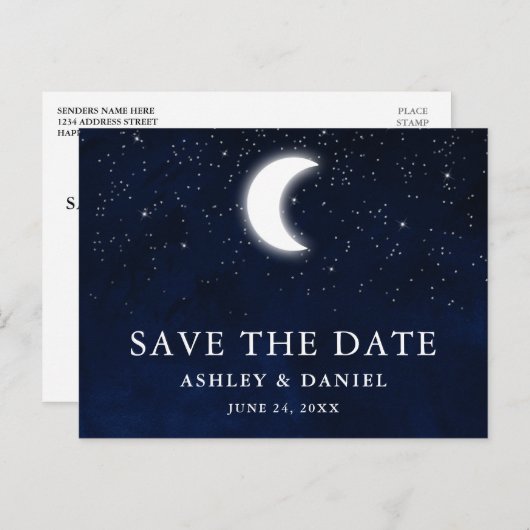 Celestial Blue Sky Moon slaat de datum op Briefkaart (Voorkant / Achterkant)