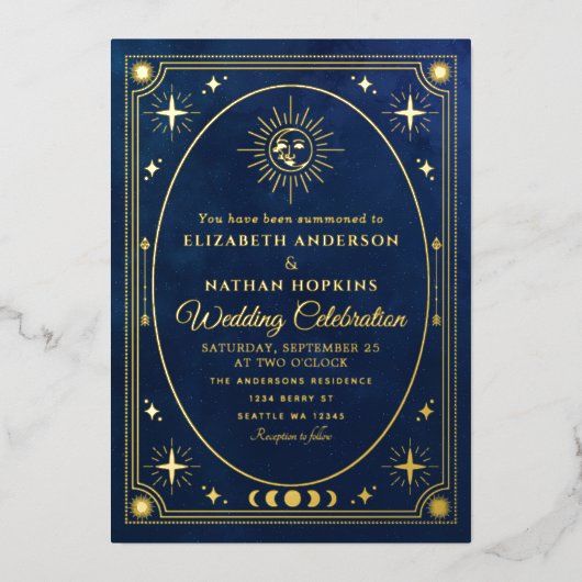 Celestial Blue Tarot Kaart bruiloft Folie Uitnodig (Voorkant)