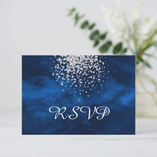 Celestial Blue Universe met Silver Confetti RSVP Kaartje (Staand voorkant)