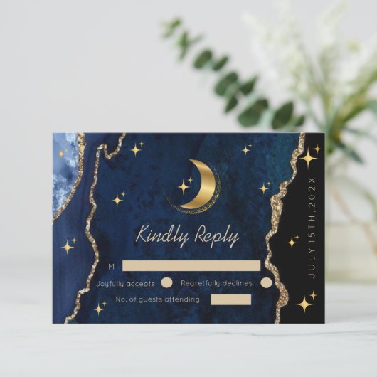 Celestial Blue Wedding Midnight Stars Moon RSVP Kaartje (Staand voorkant)