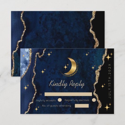 Celestial Blue Wedding Midnight Stars Moon RSVP Kaartje (Voorkant / Achterkant)