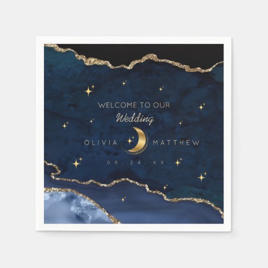 Celestial Blue Wedding Midnight Stars Moon  Servet (Voorkant)