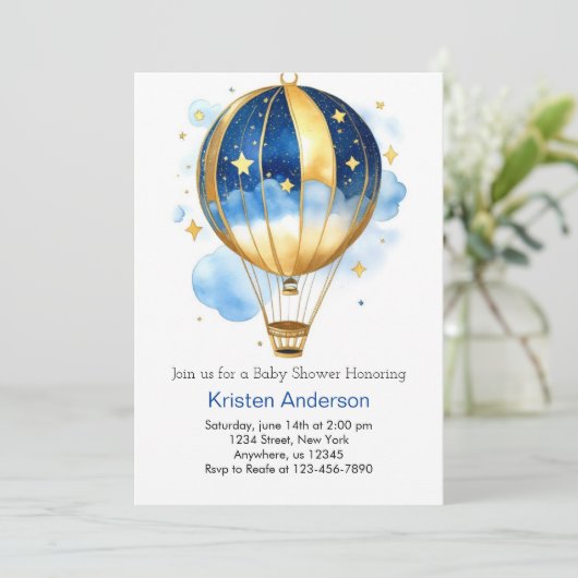Celestial Boho Hete Luchtballon Jongen Baby shower Kaart (Staand voorkant)