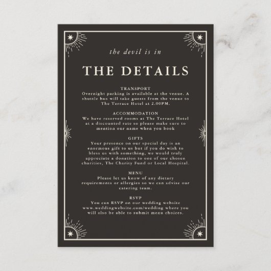 Celestial boho tarot bruiloft details uitnodigen k informatiekaartje (Voorkant)