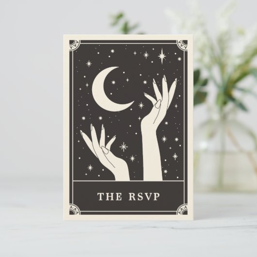 Celestial Boho Tarot Moon Wedding RSVP Kaart (Staand voorkant)