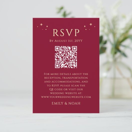 Celestial Bourgondië Gold Budget QR Code RSVP Foto Informatiekaartje (Staand voorkant)