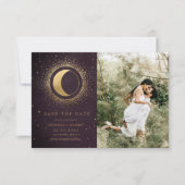 Celestial Bourgondië Gold Twee foto Save the Date Kaart (Voorkant)