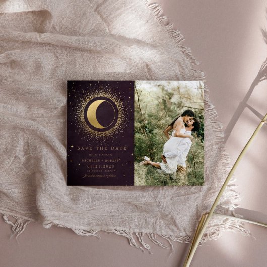Celestial Bourgondië Gold Twee foto Save the Date Kaart
