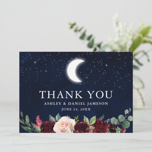 Celestial Bruiloft Blauwe Hemel Maan Sterren Bloem Bedankkaart (Staand voorkant)