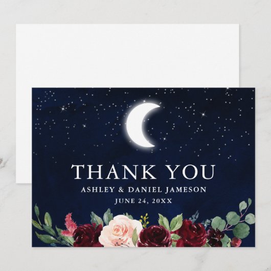 Celestial Bruiloft Blauwe Hemel Maan Sterren Bloem Bedankkaart (Voorkant / Achterkant)